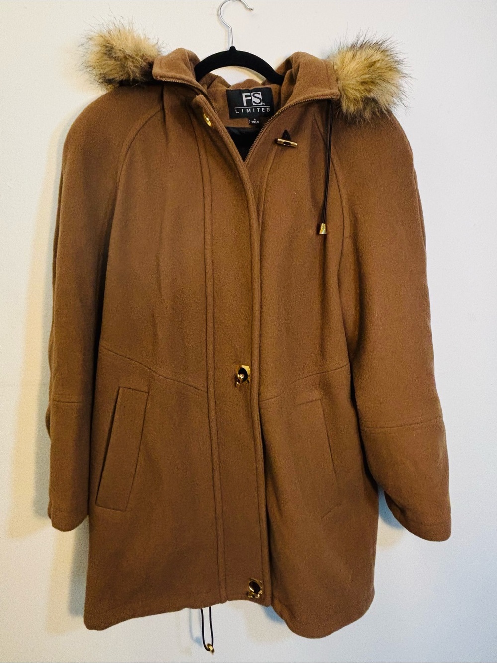 NWOT FS Limited Camel Brown Hooded Wool Coat with Faux Fur Trim